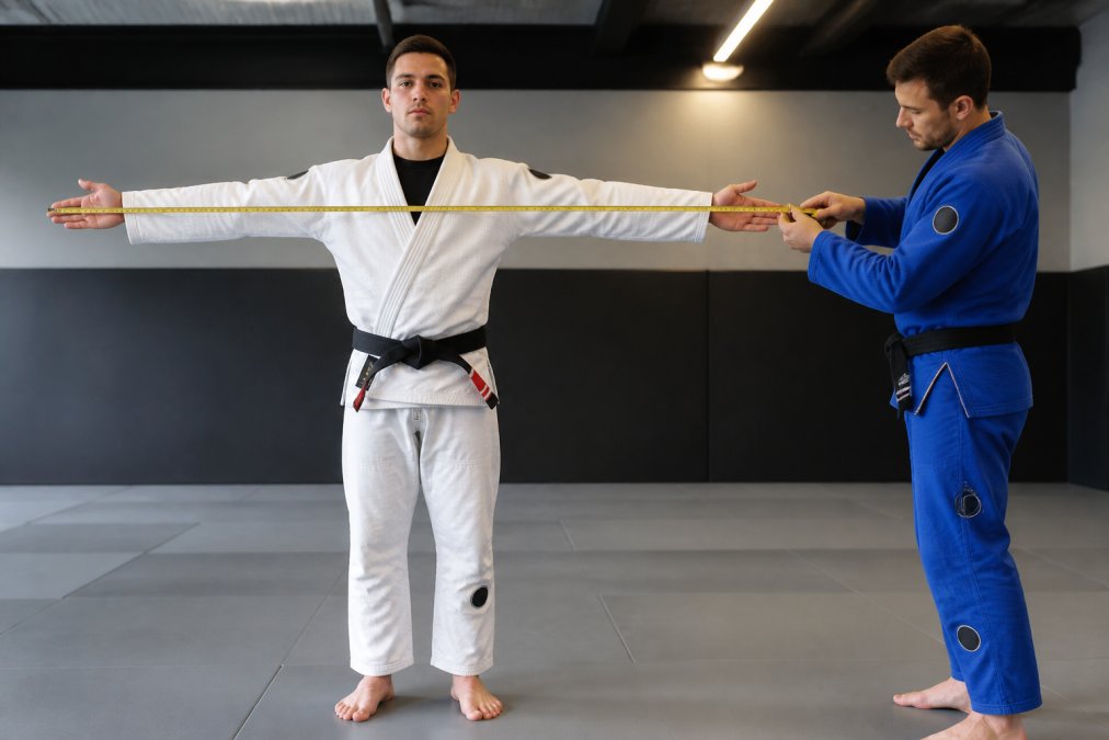 Training partner measuring a practitioner's wingspan to determine the correct BJJ gi size in a gym.