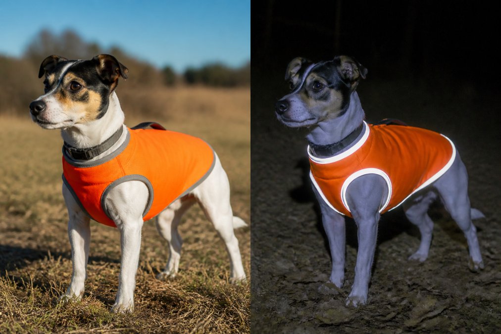 Visual comparison chart showing how to choose a blaze orange vest for small dogs