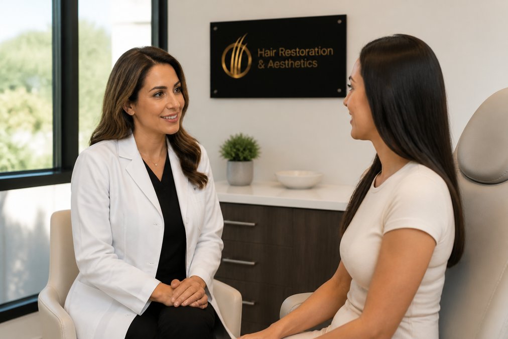 A confident female physician in a white coat consulting with a patient in a modern, bright medical office, both engaged in conversation with natural window lighting