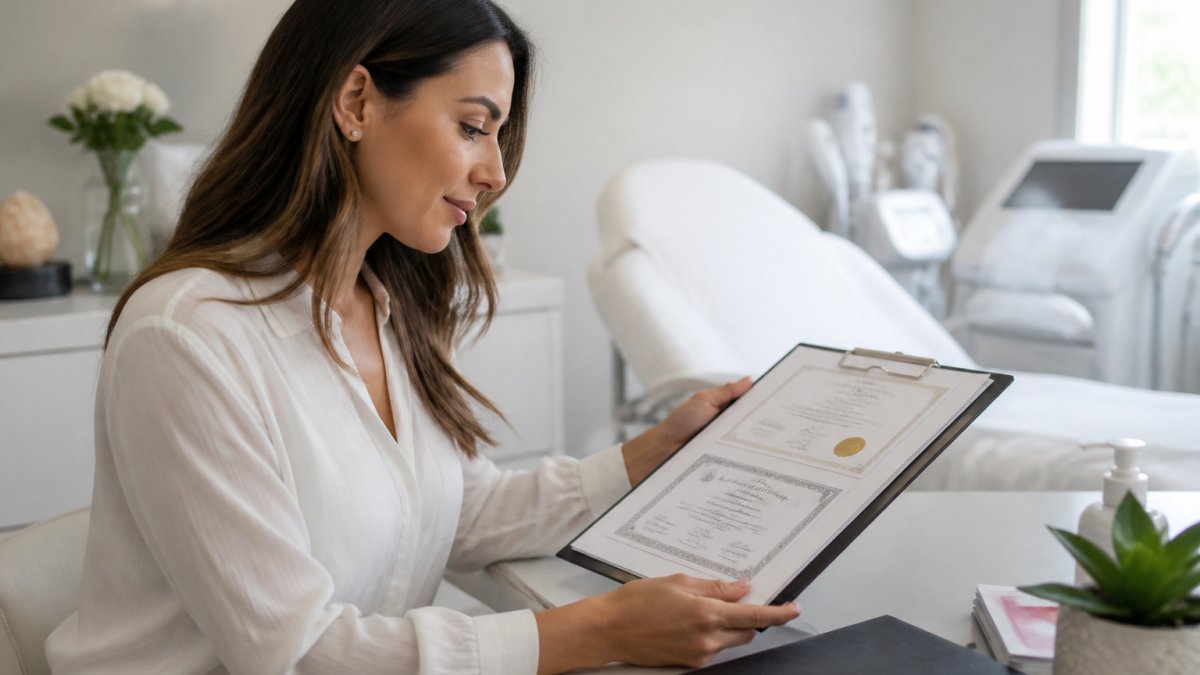 Woman reviewing professional certificates at a modern body contouring clinic during a consultation.