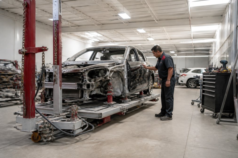 Technician inspecting a paint finish in a clean, professional auto body shop when you choose a body shop.