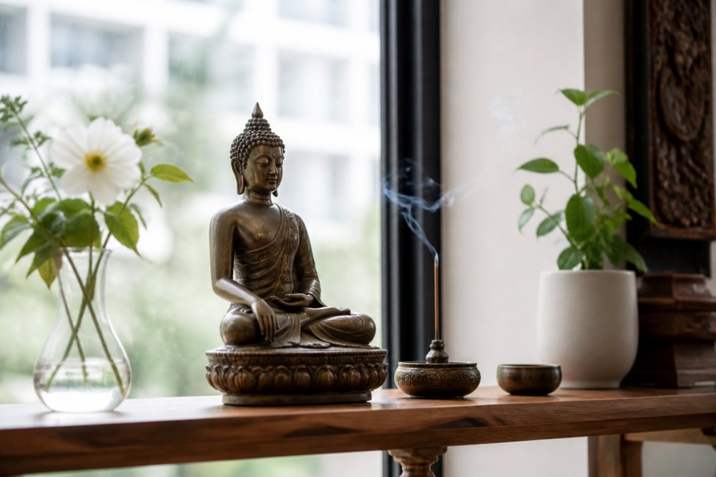 Statua di Buddha in bronzo in meditazione su una mensola dell'altare domestico illuminata dal sole con fiori freschi e fumo di incenso in aumento.