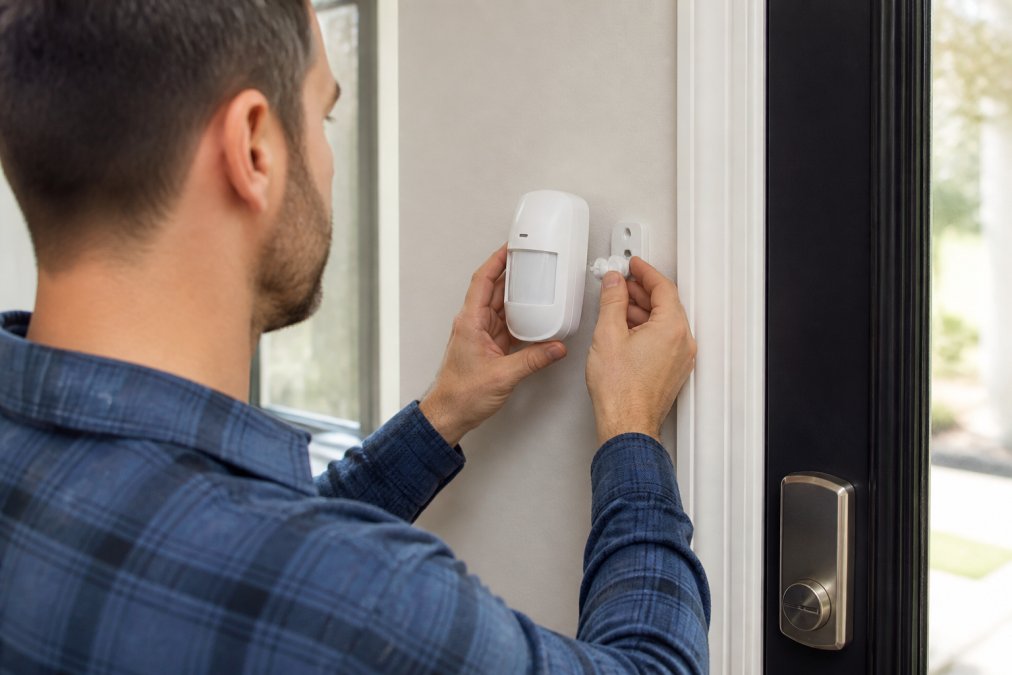 Homeowner installing a wireless motion detector on a wall near an entry door, showing the compact sensor and mounting bracket in clear detail