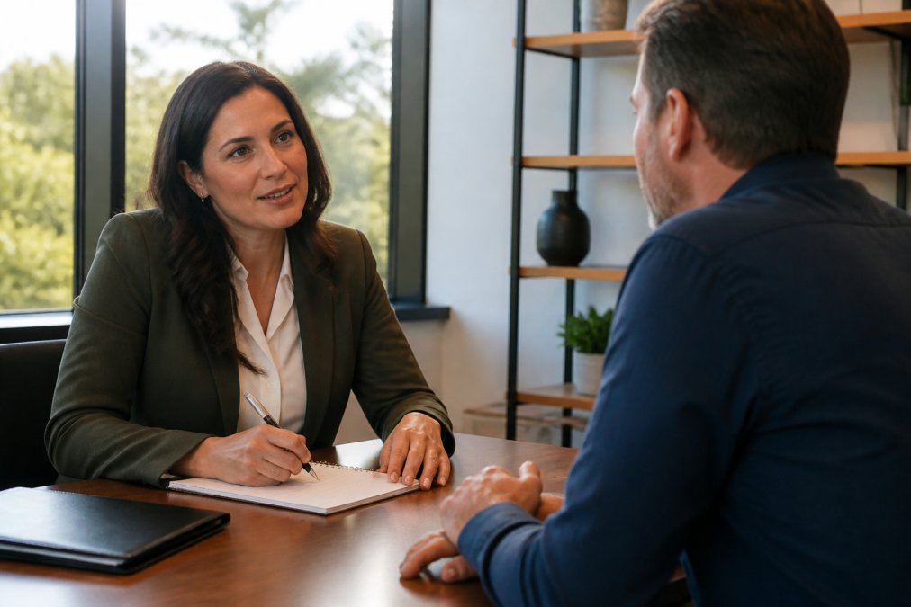 Business owner and consultant in focused discussion across a modern office desk, with notepad and pen visible, natural window lighting