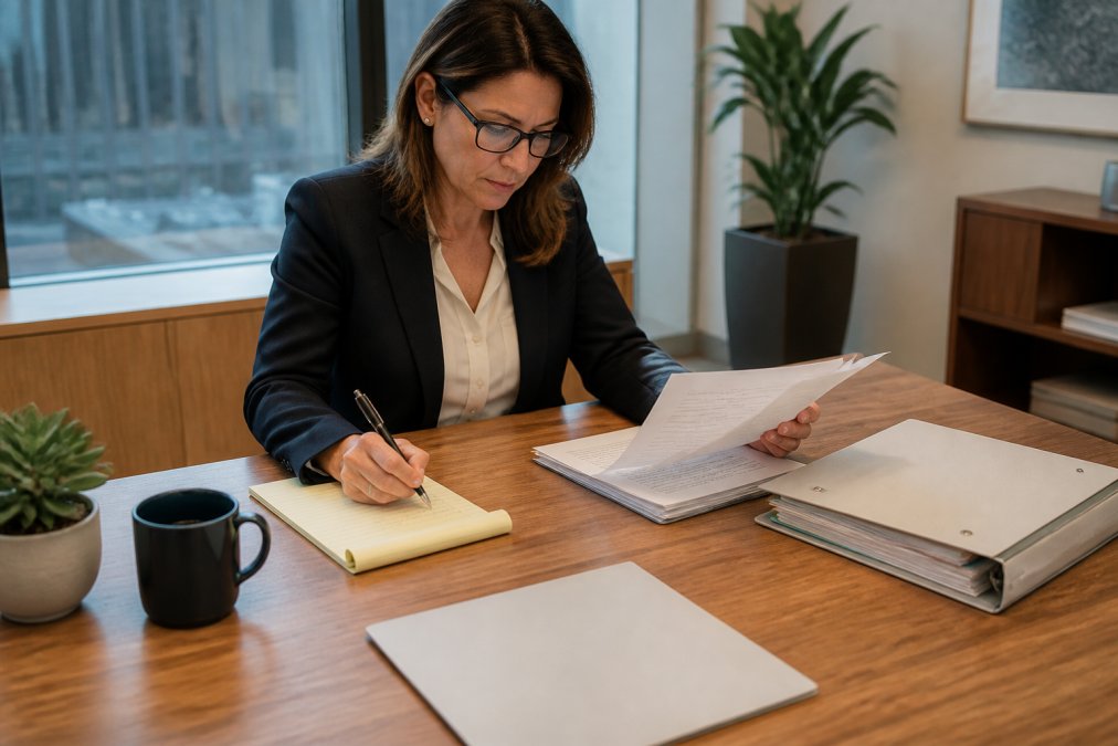 Professional carefully reviewing consultant credentials and client testimonials on laptop, taking detailed notes, natural office lighting