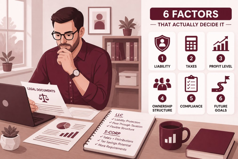 Small business owner sitting at a desk reviewing legal documents and a laptop, with a notepad showing handwritten notes about LLC and S-corp options, in a bright home office with natural window lighting