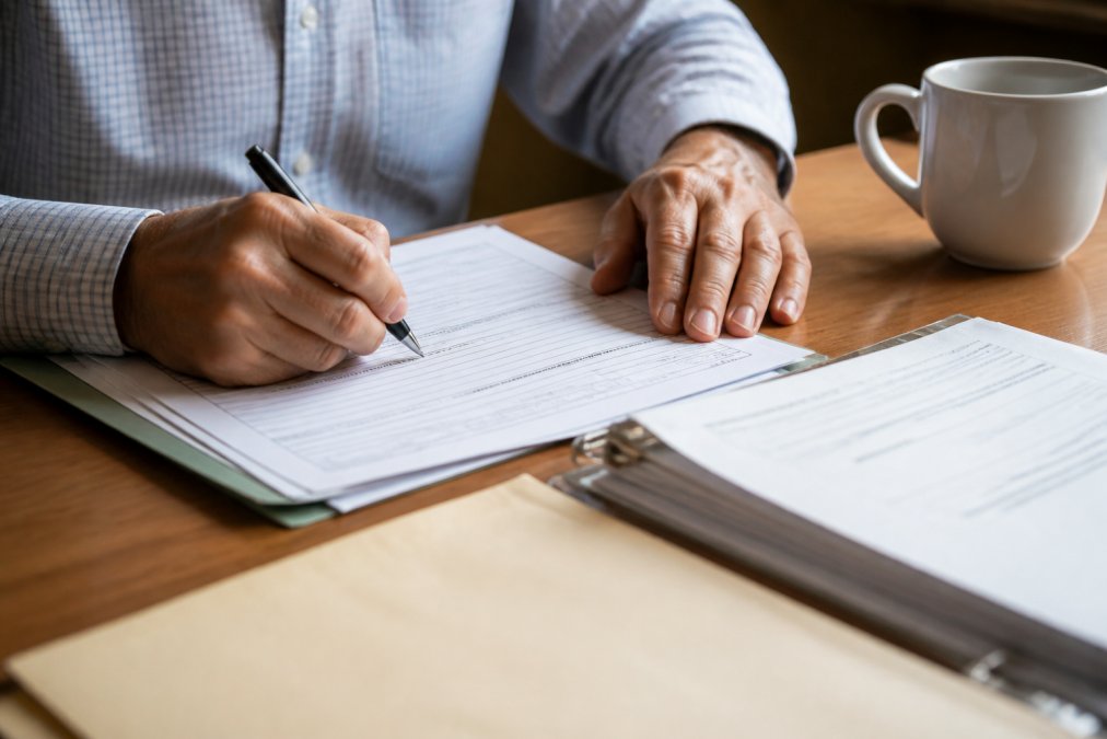 Close-up of hands carefully filling out official business registration paperwork on a wooden desk, with a black pen resting on the form and a white coffee mug nearby, warm natural light