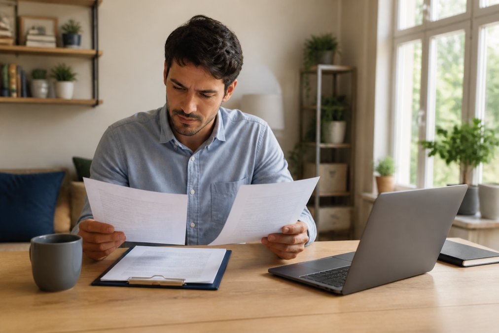 A freelancer sitting at a clean wooden desk reviewing business formation documents beside an open laptop, coffee cup nearby, in a bright home office with natural window light