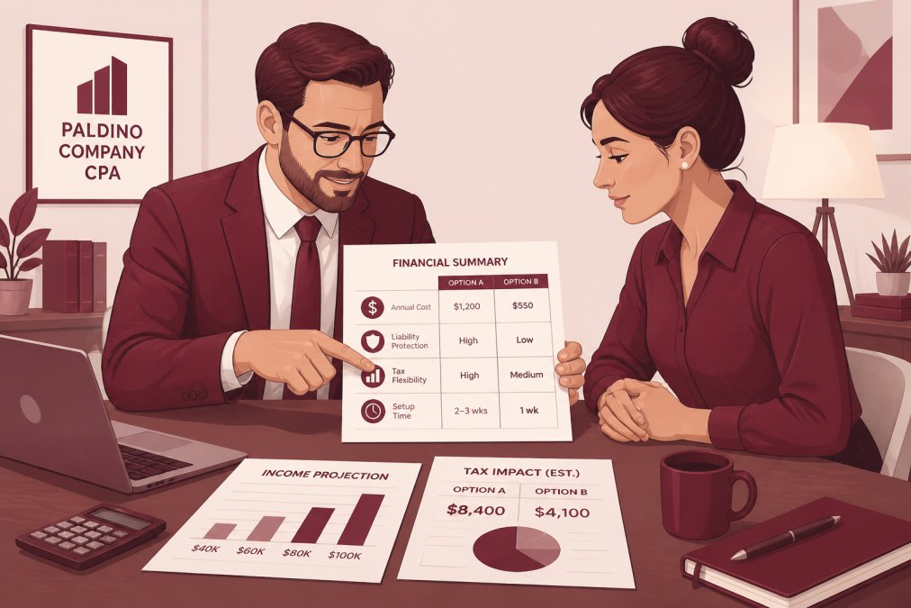 A CPA and a client seated across a conference table, both reviewing printed financial documents together, the advisor pointing at a specific line on the page, warm office lighting in the background