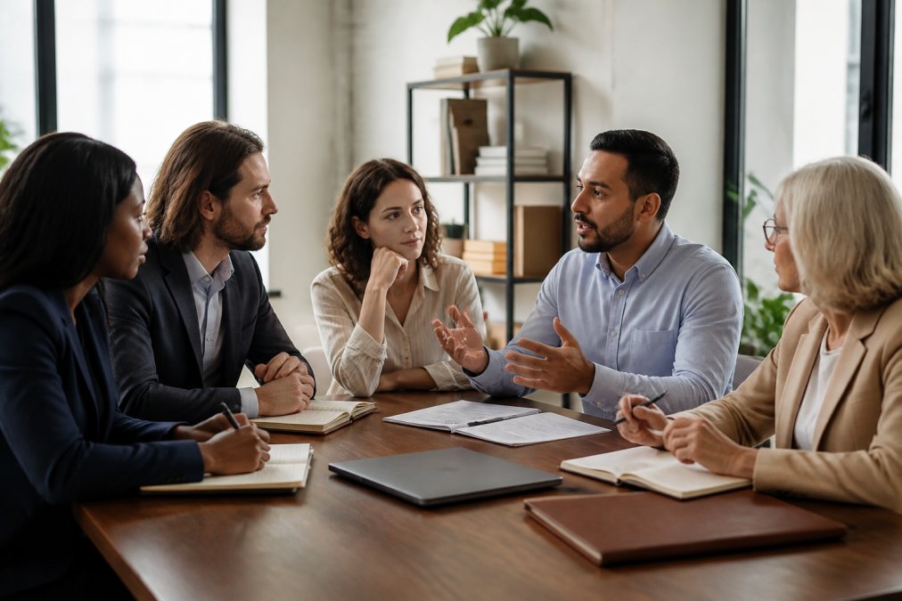Diverse group of business professionals in modern office setting collaborating around table with notebooks, discussing business strategy and planning