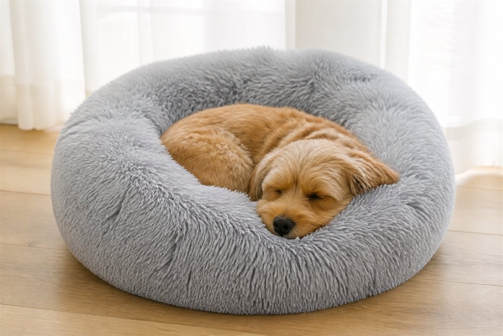 Close-up of a dog curled up in a donut-style pet bed with bolstered edges, head resting on the raised rim, showing the secure nesting position with soft natural lighting
