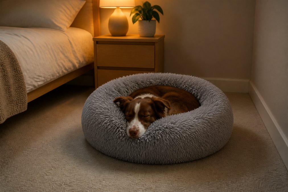 A relaxed dog sleeping peacefully in a cozy enclosed pet bed in a quiet corner of a bedroom with soft, warm lighting