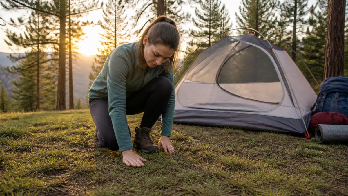 A beginner camper crouching on a flat grassy tent pad, pressing a palm to the ground to check for levelness, with a small dome tent partially set up behind them and pine trees in the background at golden hour