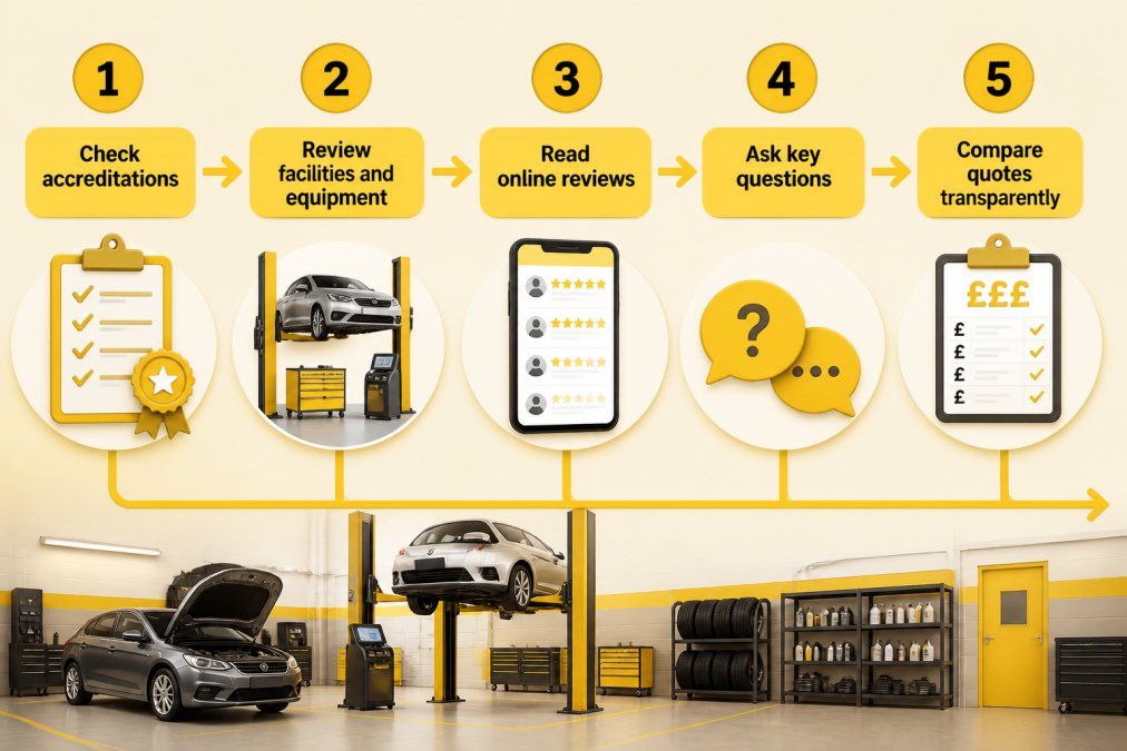 Flowchart showing the 5-step garage evaluation process: 1) Check accreditations, 2) Review facilities and equipment, 3) Read online reviews, 4) Ask key questions, 5) Compare quotes transparently
