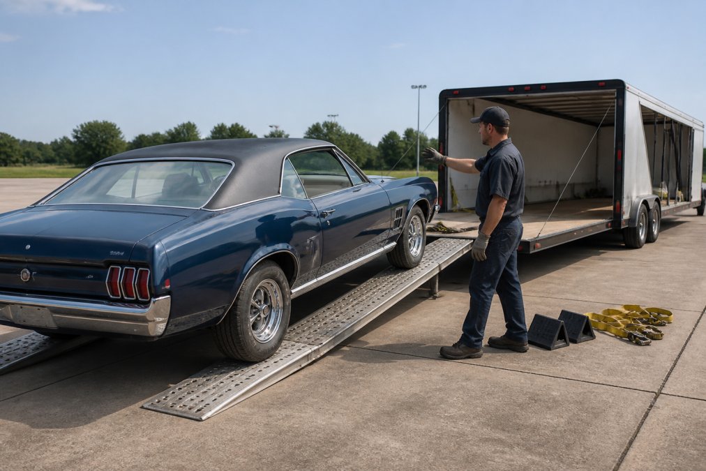 Person guiding a classic car up aluminum ramps onto an open car hauler trailer in a paved lot