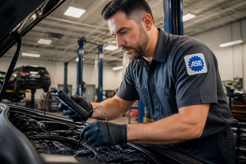 An ASE-certified automotive technician in a clean service bay wearing a uniform with a certification patch, inspecting an engine with specialized diagnostic tools under bright overhead lighting