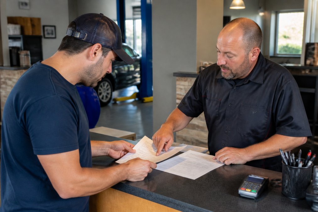 A customer reviewing a printed repair order and written estimate at a service desk with a service advisor, the customer looking attentive and engaged under warm overhead lighting in a clean automotive reception area
