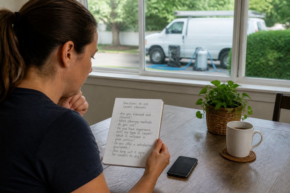 A homeowner sitting at a kitchen table with a notepad and phone, reviewing a handwritten list of questions while a carpet cleaning van is visible through the window outside