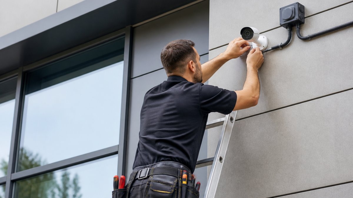SIA-licensed technician adjusting a security camera to show how to choose a cctv provider for your business.