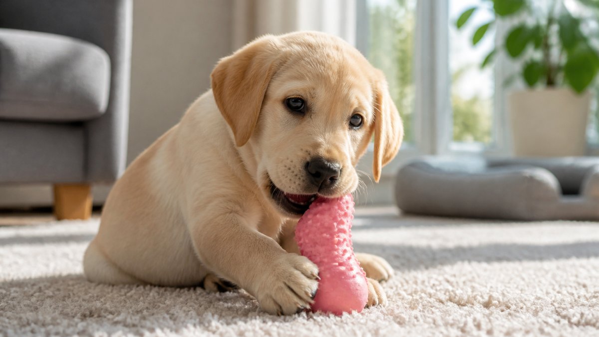 Young puppy with soft teething toy in mouth, sitting on light carpet with natural window lighting