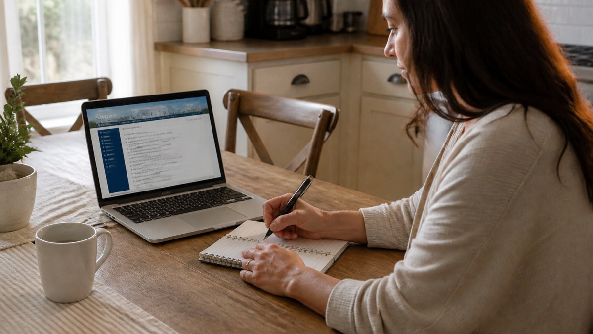 A person sitting at a kitchen table with a laptop open to a state licensing website, holding a pen and notepad, daylight coming through a window