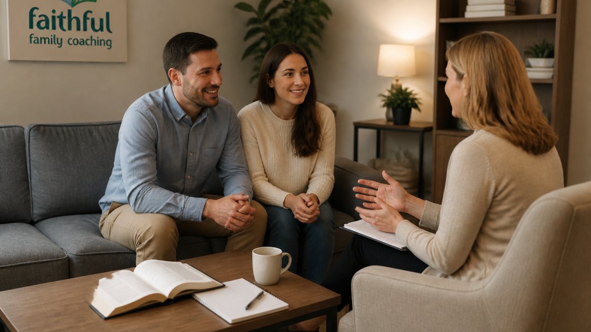 Infographic process showing a couple engaging with a Christian marriage coach during their first counseling session.