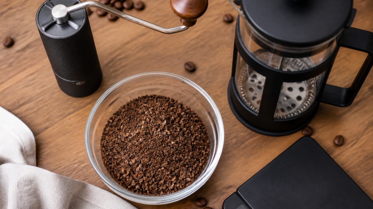 Coarse coffee grounds in a glass bowl next to a manual grinder, scale, and French press on a wooden counter