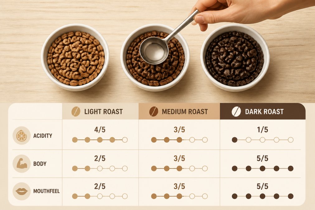 Comparison of light, medium, and dark coffee roast profile beans with a cupping spoon on a wooden table
