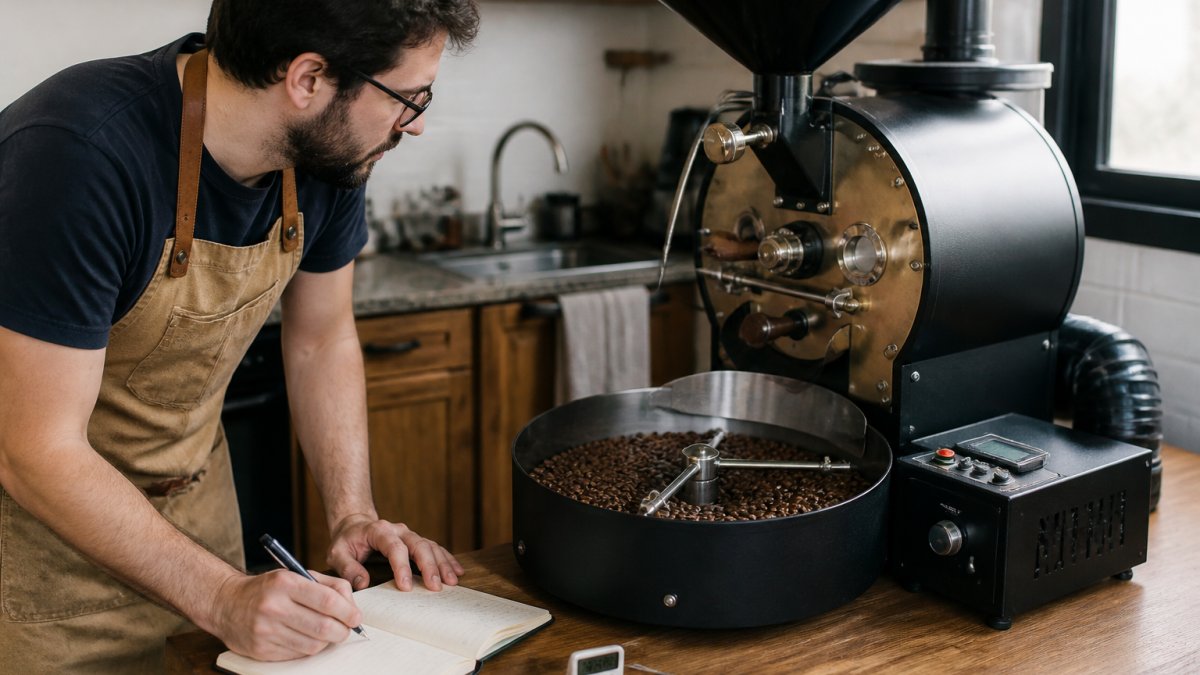 A home coffee roaster monitoring a drum roaster with a notebook and digital thermometer on a kitchen counter, roasted beans visible in the cooling tray