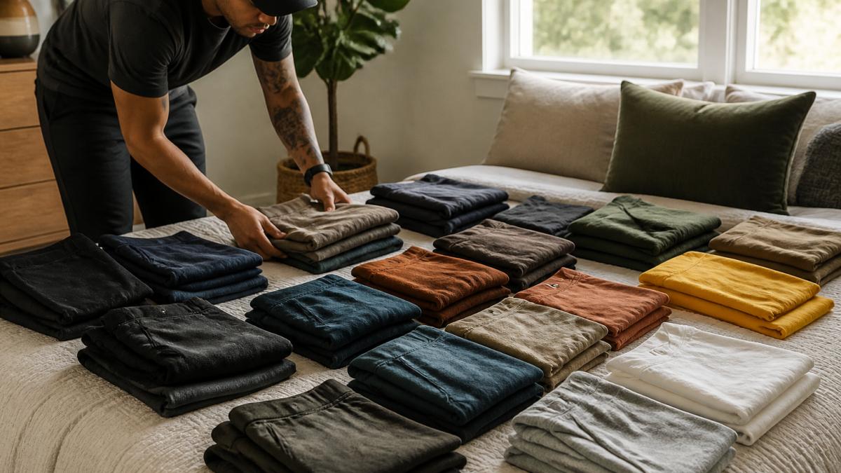 Person laying out folded clothing items organized by color on a bed, grouping shirts, sweaters, and pants into color-coordinated piles in natural daylight from a bedroom window
