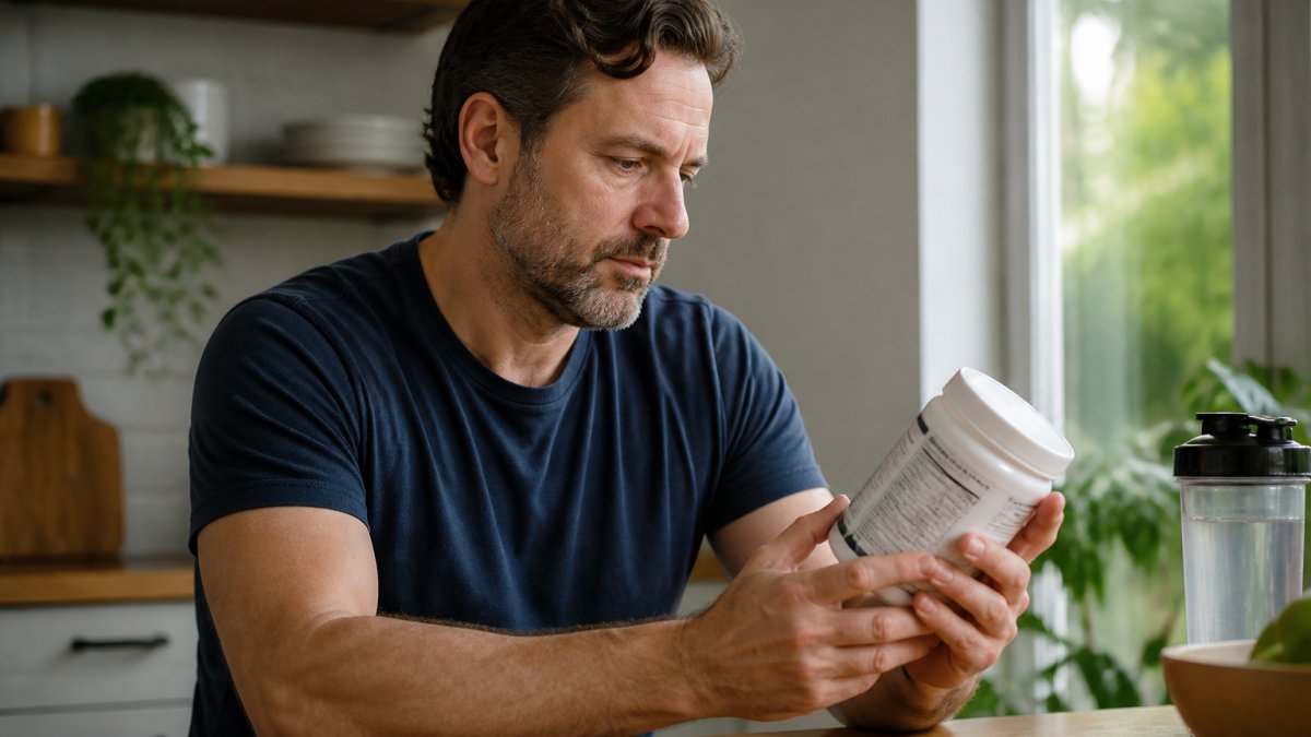 Adult over 25 holding a colostrum supplement container and reviewing product label details, natural daylight, calm home setting