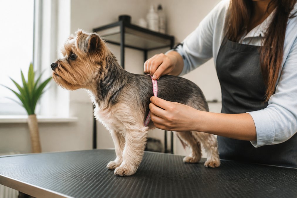 A person using a soft measuring tape to measure the girth of a small dog standing on a grooming table, with the tape wrapped gently around the dog's chest just behind the front legs