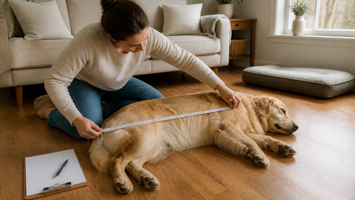 Pet owner measuring a golden retriever with a tape measure on a hardwood floor