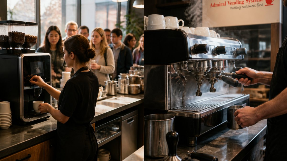 A barista operating a commercial bean to cup coffee machine in a busy cafe, queue of customers visible in the background, steam rising from the group head, warm morning light through the window