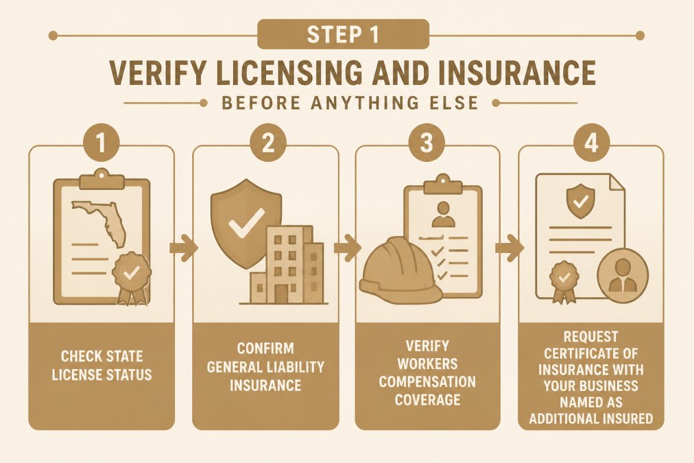 Flowchart showing the 4-step verification process: check state license status, confirm general liability insurance, verify workers compensation coverage, request certificate of insurance with your business named as additional insured