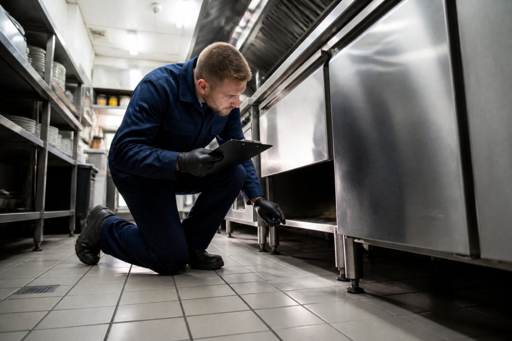 A pest control technician in clean uniform inspecting behind stainless steel kitchen units in a commercial restaurant kitchen, clipboard in hand, bright overhead lighting