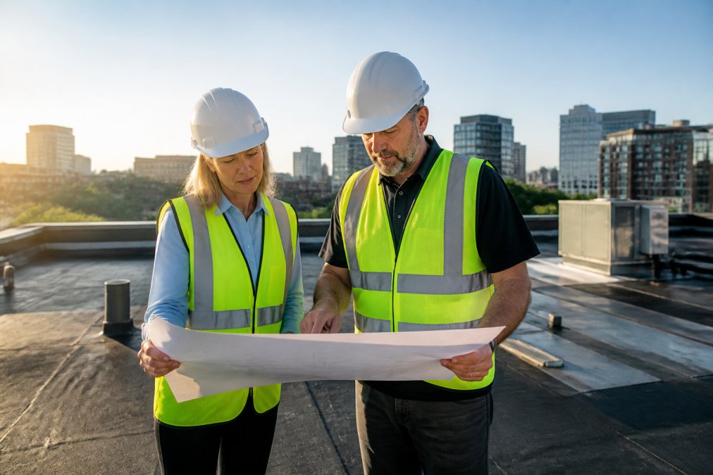 Commercial property manager and roofing contractor on flat roof reviewing project documents and specifications together, both wearing safety vests and hard hats, morning sunlight illuminating the roofing materials and surrounding skyline