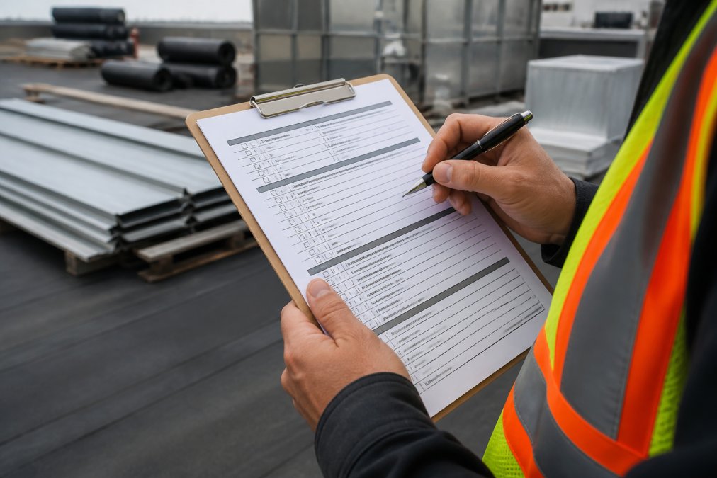 Close-up of hands holding a clipboard with a detailed roofing contractor vetting checklist, pen positioned over inspection notes, with commercial roofing materials and metal panels visible in the soft-focus background