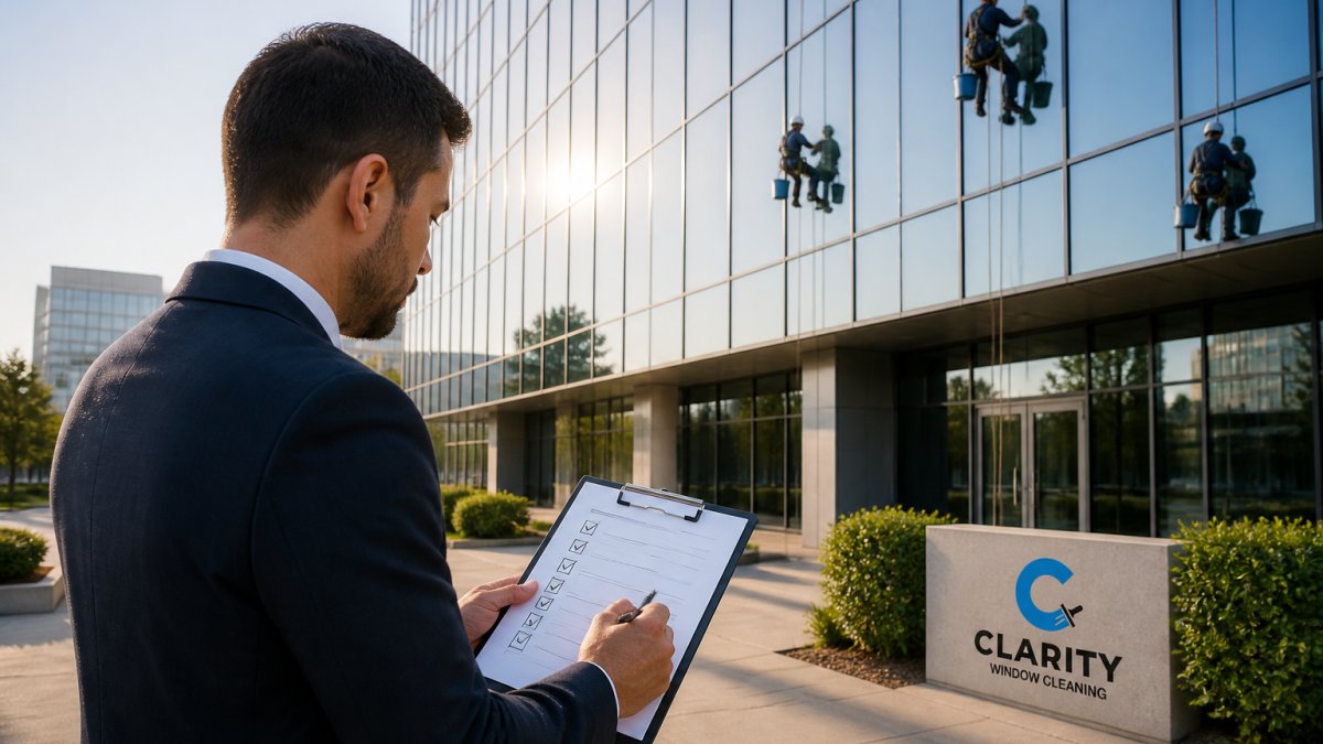A facilities manager in a suit standing on a sidewalk in front of a glass high-rise office building, holding a clipboard and reviewing a printed checklist while a window cleaning crew works on the glass several floors above, morning sunlight reflecting off the facade