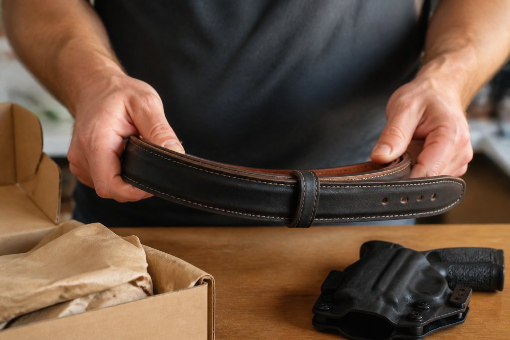 Diagram demonstrating the stiffness and structural rigidity of a thick leather belt for holsters.