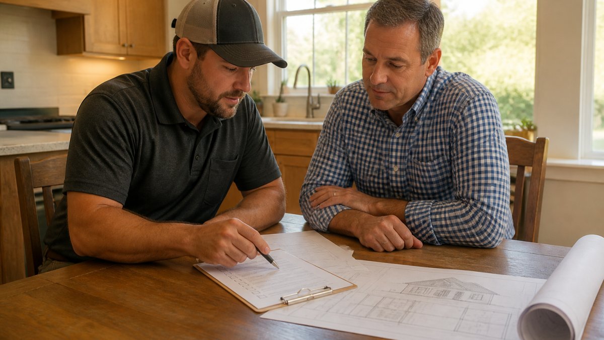 Checklist for how to choose a contractor for a room addition while reviewing project blueprints at a table.