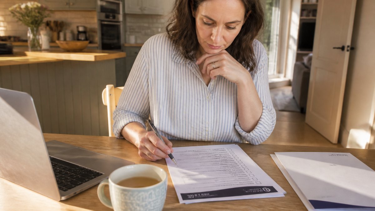 A person at a kitchen table reviewing a printed checklist of questions beside a laptop and a cup of tea, with a solicitor's letterhead visible on the desk and soft daylight from a window