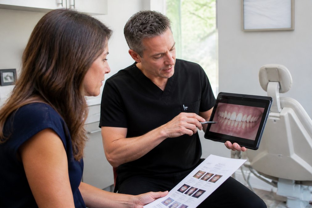 A patient sitting in a modern dental consultation room, reviewing a treatment plan document with a dentist who is pointing to a digital smile design on a tablet screen