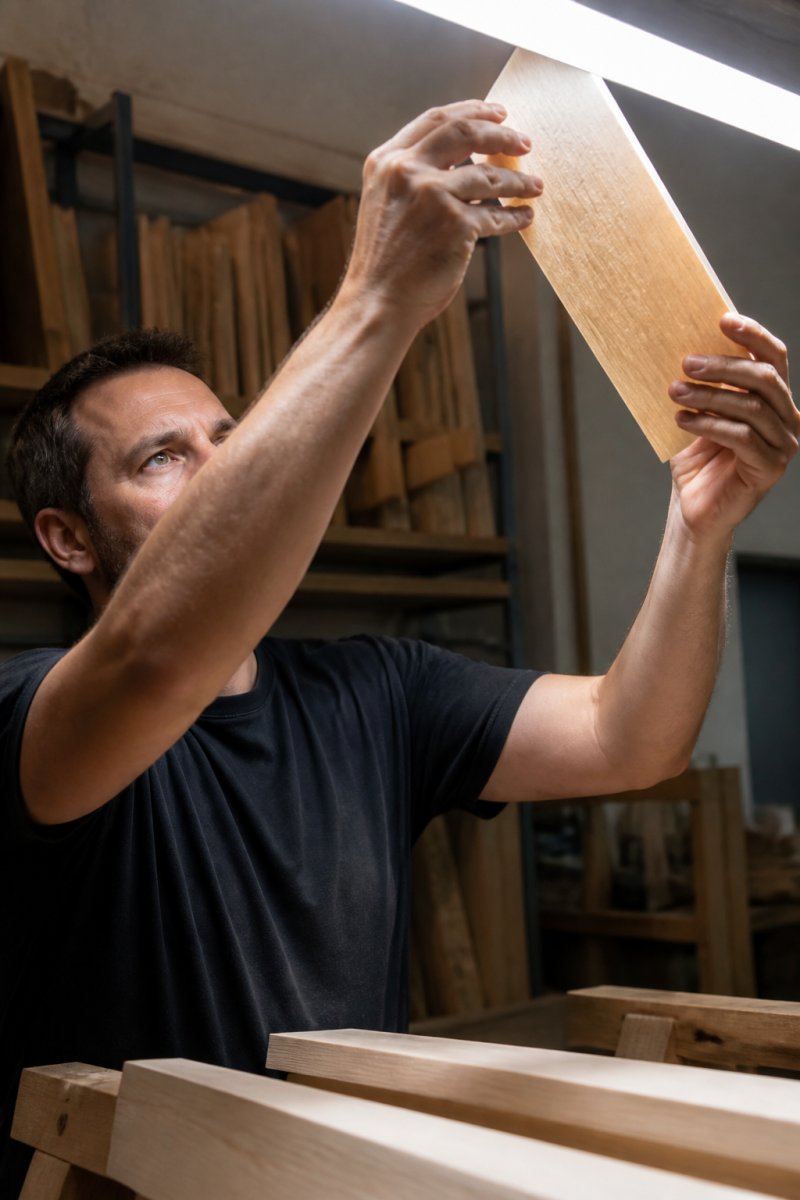 Craftsperson in workshop carefully inspecting English willow cleft under bright workshop lighting, hands holding willow piece up to the light to check grain structure and wood quality