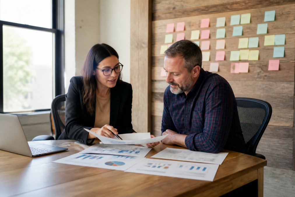 Consultant and owner reviewing sales pipeline data for a custom CRM for small business audit process