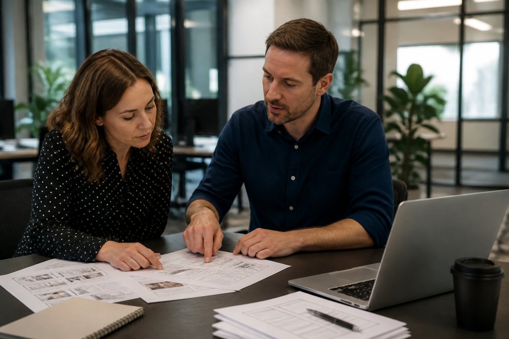 A training manager and an eLearning designer reviewing a storyboard together at a desk in a modern Australian office, with a laptop showing an interactive module