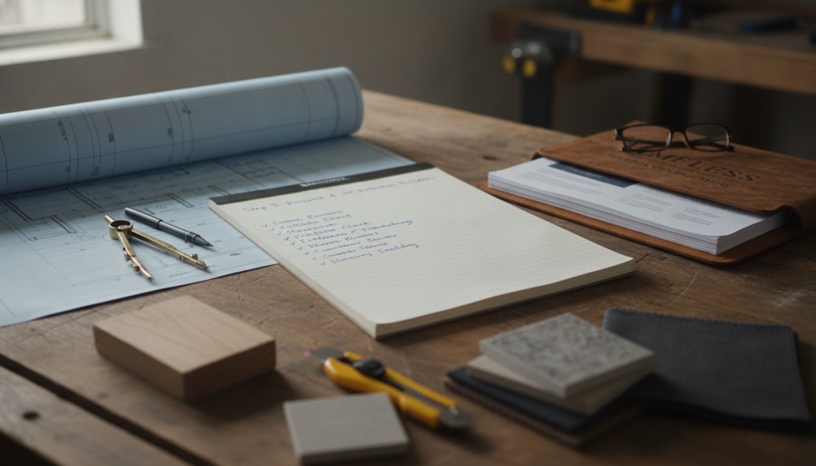 Homeowner reviewing builder portfolios and credentials on a laptop at a desk with notes and a construction blueprint nearby