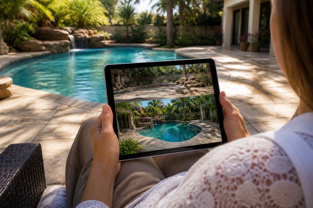 A homeowner sitting poolside reviewing a tablet showing before-and-after photos of a completed custom pool with tropical landscaping and elegant hardscaping