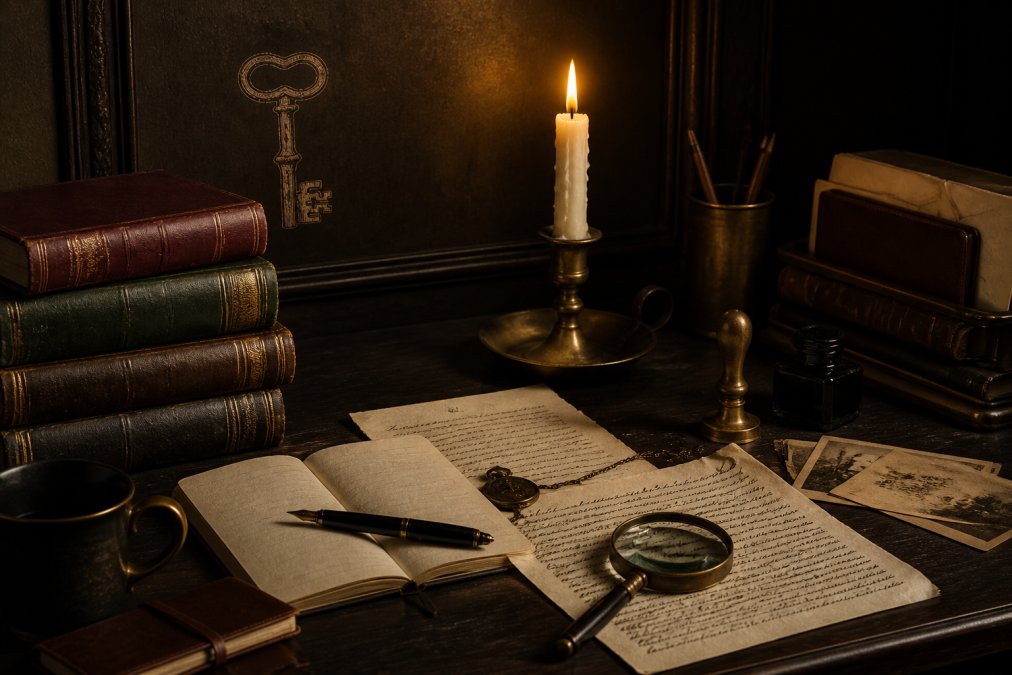 Moody desk with leather books and candlelight, perfect for a dark academia gift student.