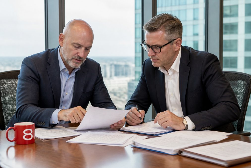 Two senior procurement executives in business attire reviewing compliance documents and contracts at a conference table in a modern corporate office with natural light from floor-to-ceiling windows